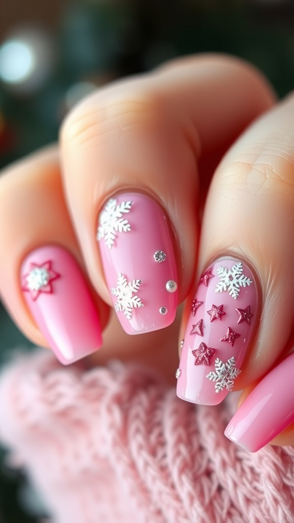 Close-up of pink Christmas nails with snowflake designs and glitter accents.